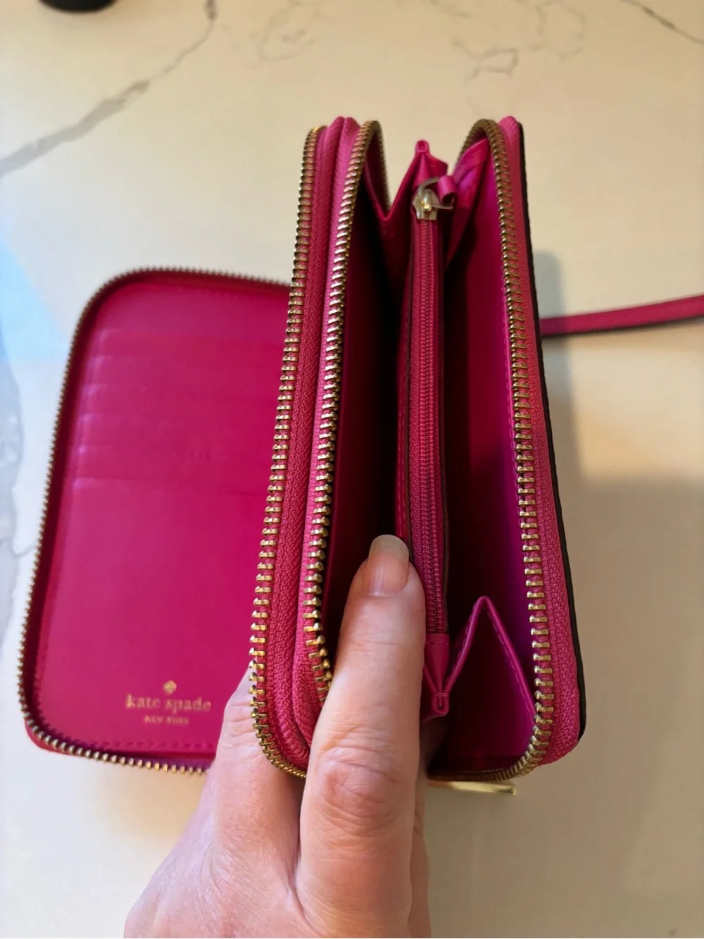 Kate Spade Double Zip Continental Saffiano Wristlet Sweetheart Pink Gold Metal
